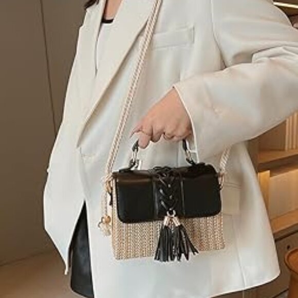 Neiman Marcus Black Straw & Leather Flap Gold Hardware Crossbody - Picture 5 of 5